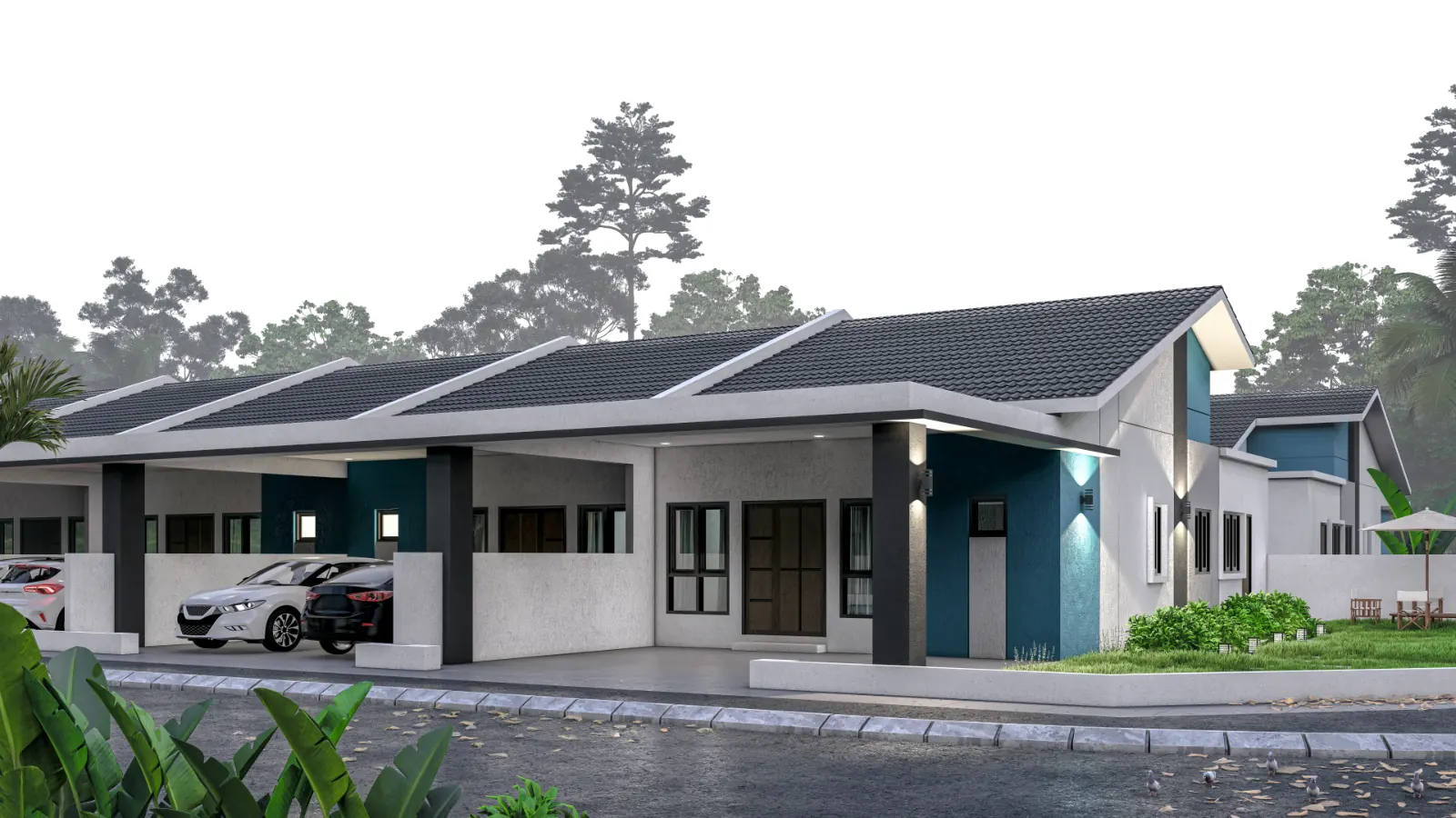 terrace house with balck and white cars parking at the garage